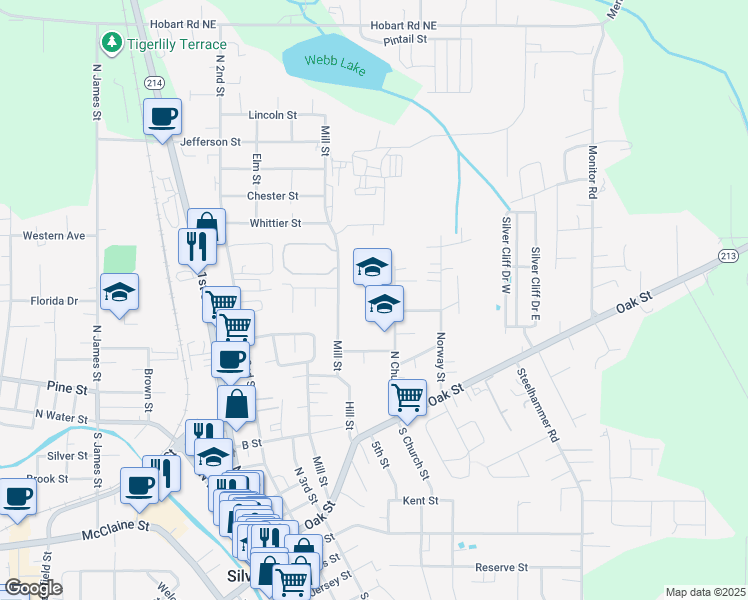 map of restaurants, bars, coffee shops, grocery stores, and more near 425 North Church Street in Silverton