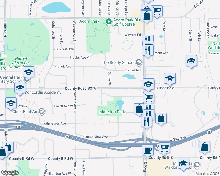 map of restaurants, bars, coffee shops, grocery stores, and more near 259 County Road B2 West in Roseville