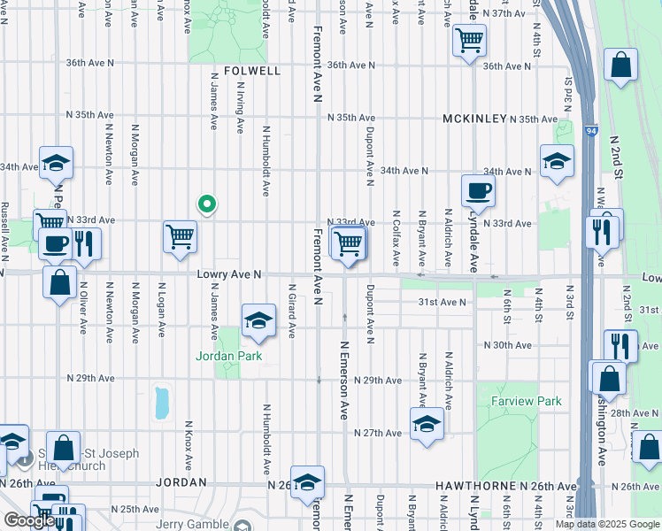 map of restaurants, bars, coffee shops, grocery stores, and more near 1214 Lowry Avenue North in Minneapolis