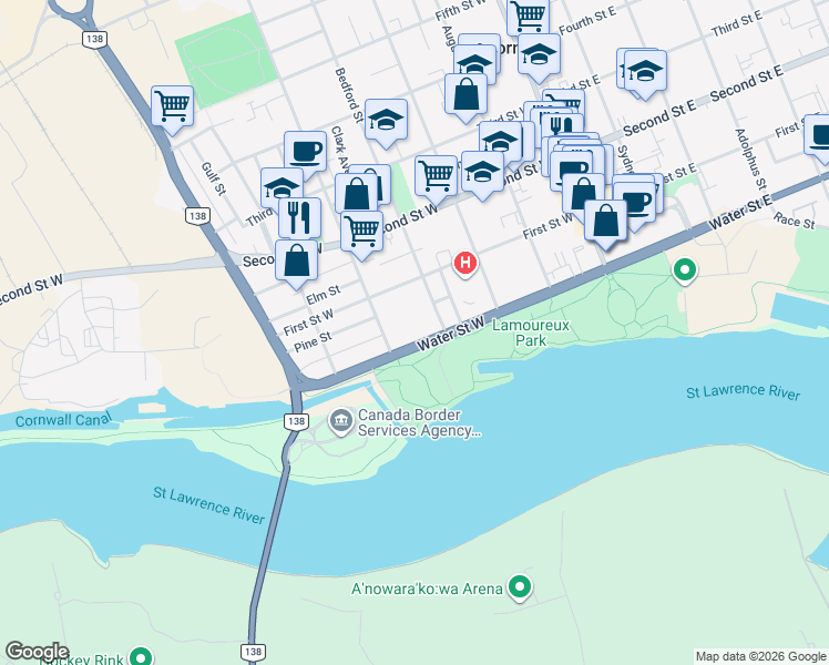 map of restaurants, bars, coffee shops, grocery stores, and more near 321 Water Street West in Cornwall