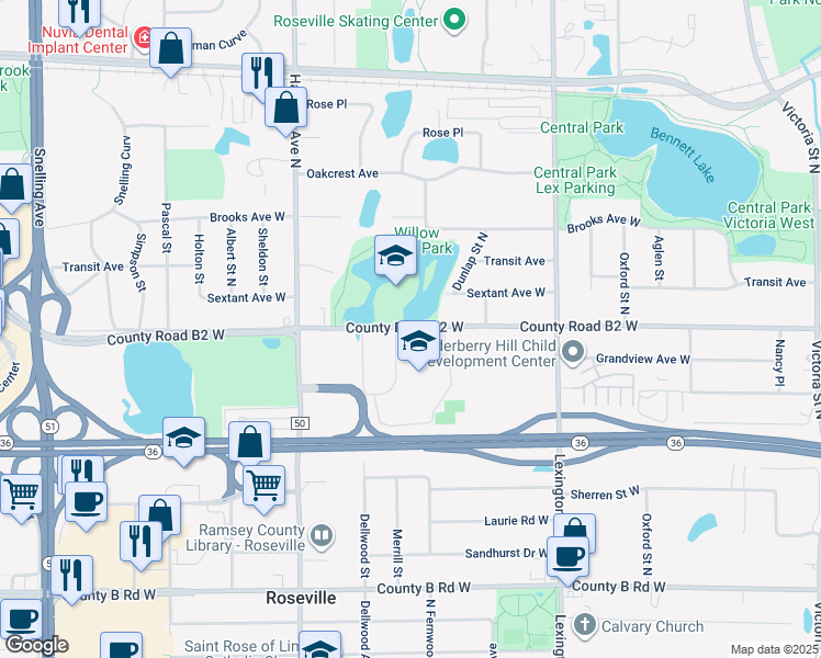 map of restaurants, bars, coffee shops, grocery stores, and more near 1252-1272 W County Road B2 in Roseville
