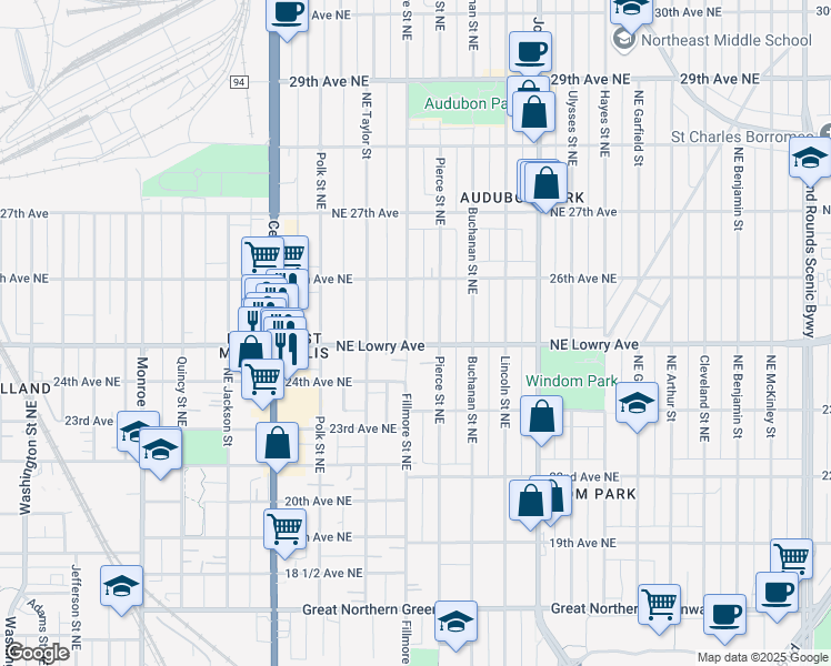 map of restaurants, bars, coffee shops, grocery stores, and more near 1213 Northeast Lowry Avenue in Minneapolis