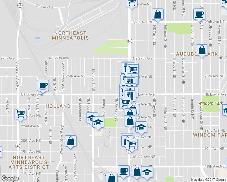 map of restaurants, bars, coffee shops, grocery stores, and more near 2511 Northeast Jackson Street in Minneapolis