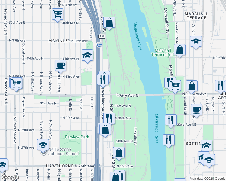 map of restaurants, bars, coffee shops, grocery stores, and more near 3208 North 2nd Street in Minneapolis