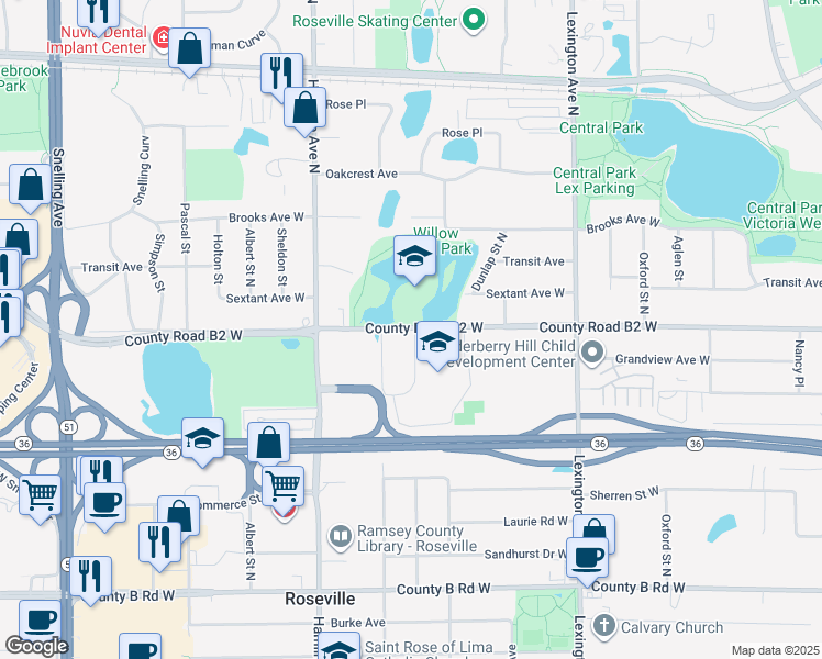 map of restaurants, bars, coffee shops, grocery stores, and more near 1272 County Road B2 West in Roseville