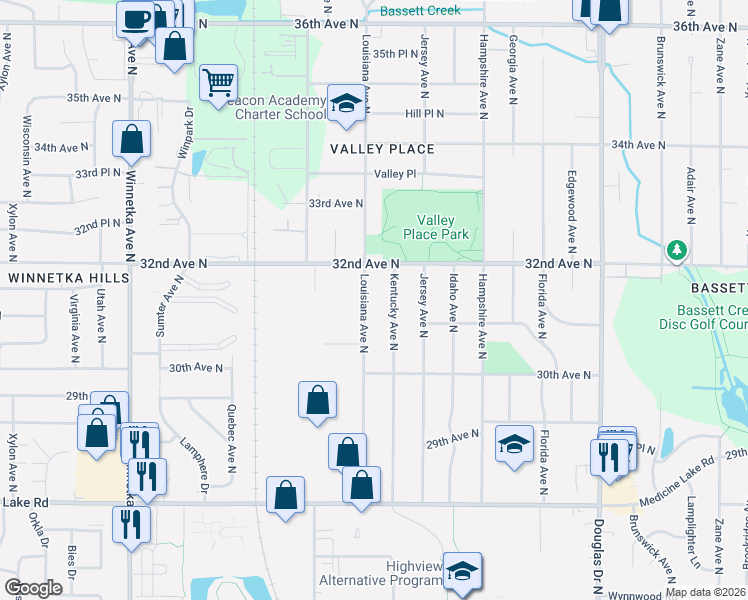 map of restaurants, bars, coffee shops, grocery stores, and more near 3124 Louisiana Avenue North in Minneapolis