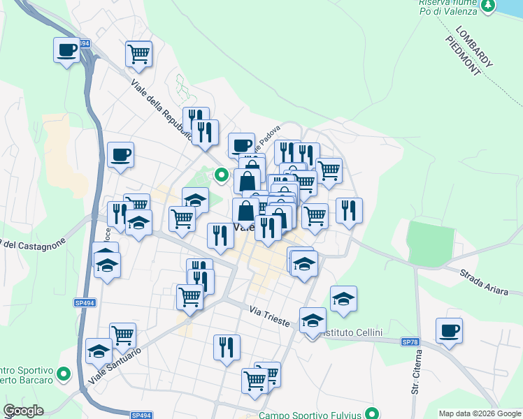 map of restaurants, bars, coffee shops, grocery stores, and more near 2A Vicolo dei Sarmati in Valenza