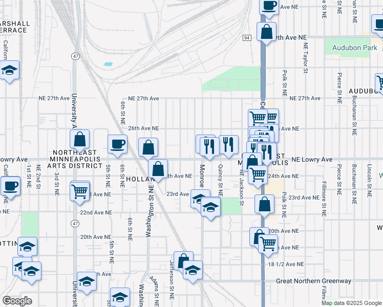map of restaurants, bars, coffee shops, grocery stores, and more near 2510 Northeast Howard Street in Minneapolis