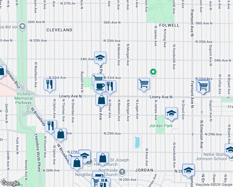 map of restaurants, bars, coffee shops, grocery stores, and more near 2104 Lowry Avenue North in Minneapolis