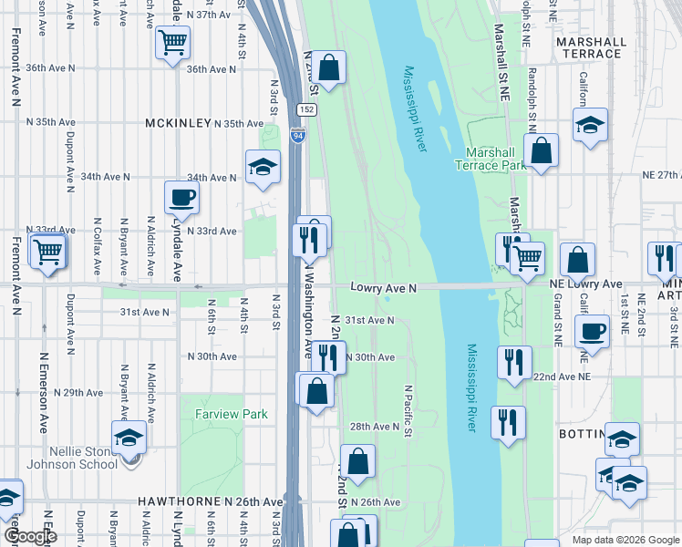 map of restaurants, bars, coffee shops, grocery stores, and more near 3208 North 2nd Street in Minneapolis