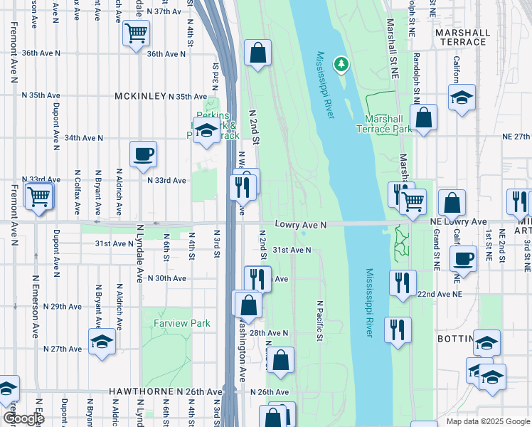 map of restaurants, bars, coffee shops, grocery stores, and more near 3208 North 2nd Street in Minneapolis