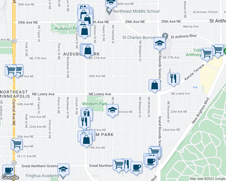 map of restaurants, bars, coffee shops, grocery stores, and more near 2508 Northeast Garfield Street in Minneapolis