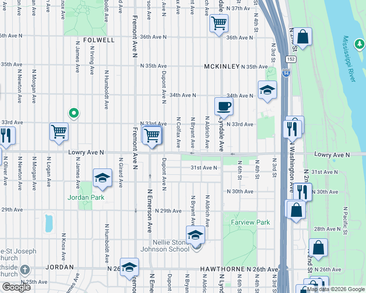 map of restaurants, bars, coffee shops, grocery stores, and more near 3210 Colfax Ave N in Minneapolis
