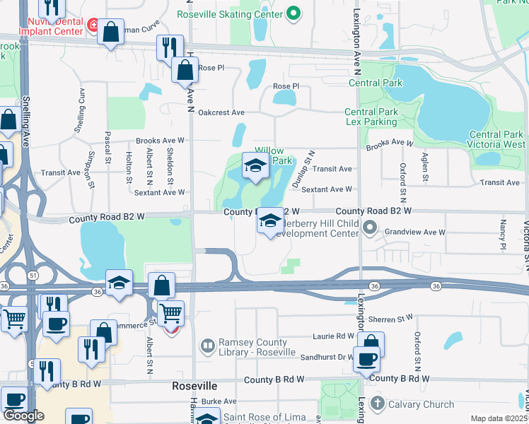 map of restaurants, bars, coffee shops, grocery stores, and more near 1240 County Road B2 West in Roseville