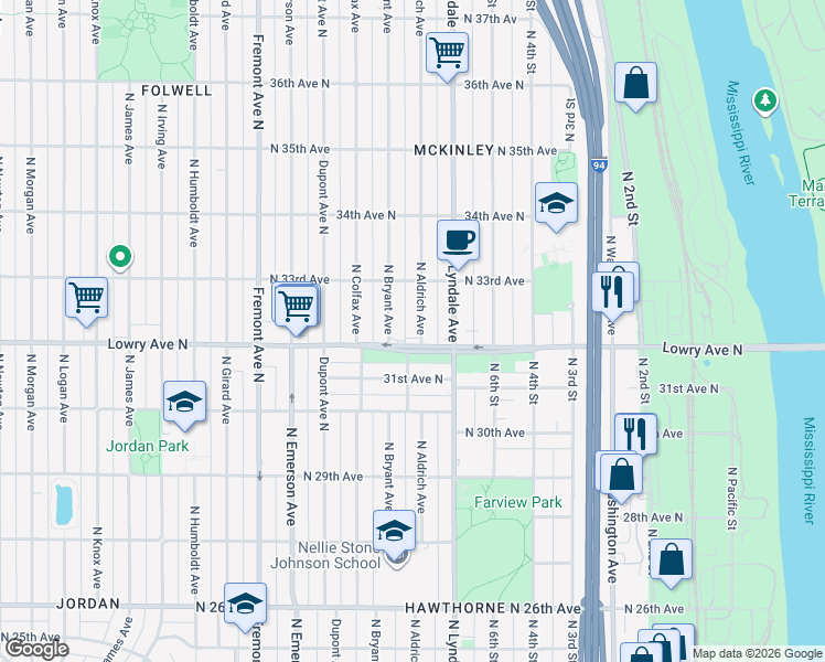 map of restaurants, bars, coffee shops, grocery stores, and more near 3211 North Aldrich Avenue in Minneapolis