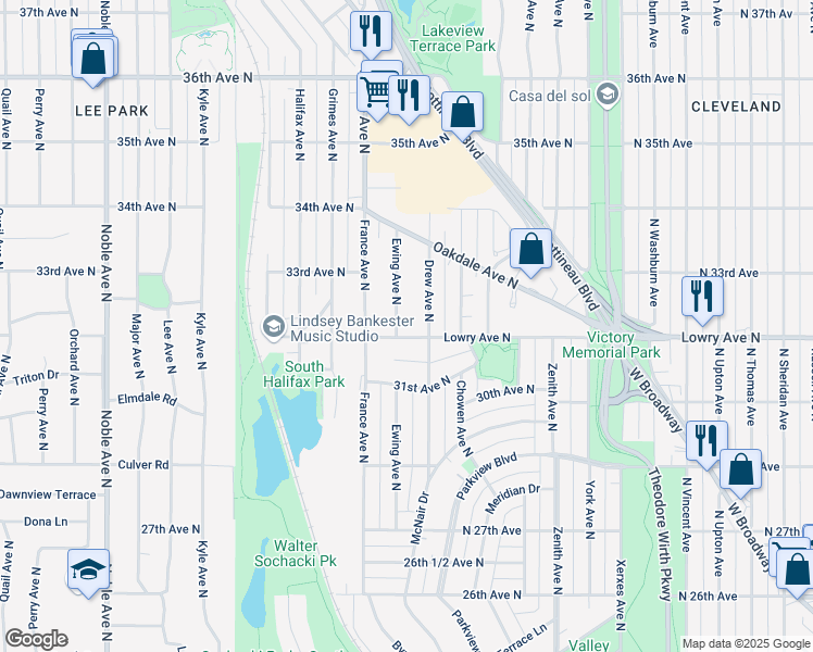 map of restaurants, bars, coffee shops, grocery stores, and more near 3208 Ewing Avenue North in Minneapolis