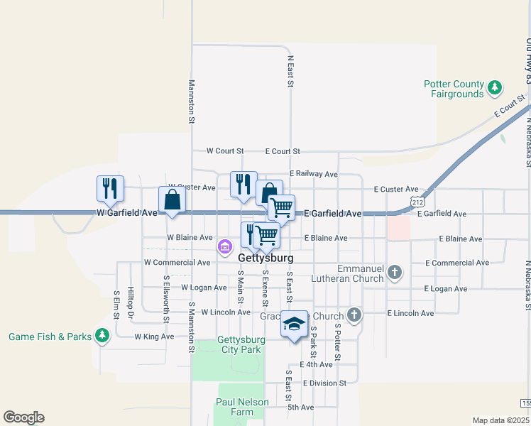 map of restaurants, bars, coffee shops, grocery stores, and more near U.S. 212 in Gettysburg