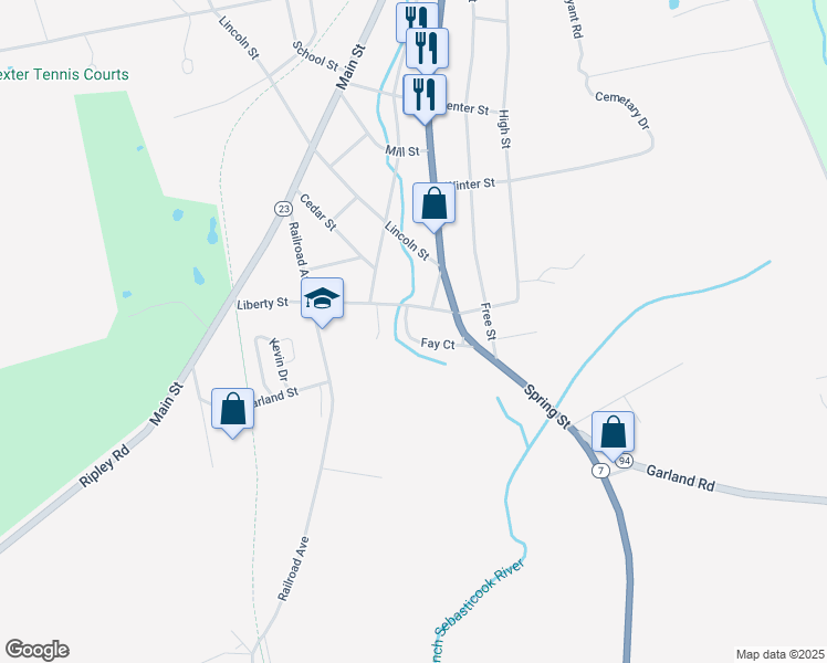 map of restaurants, bars, coffee shops, grocery stores, and more near 25 Fay Court in Dexter