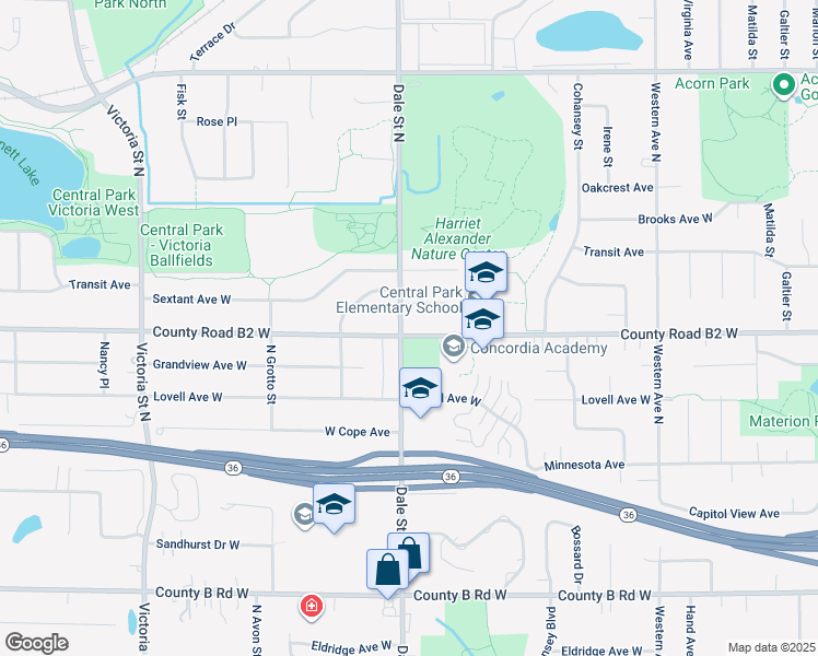 map of restaurants, bars, coffee shops, grocery stores, and more near 611 County Road B2 West in Roseville