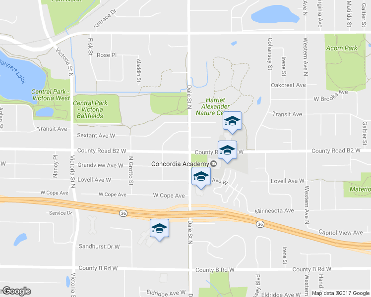 map of restaurants, bars, coffee shops, grocery stores, and more near 611 County Road B2 West in Roseville