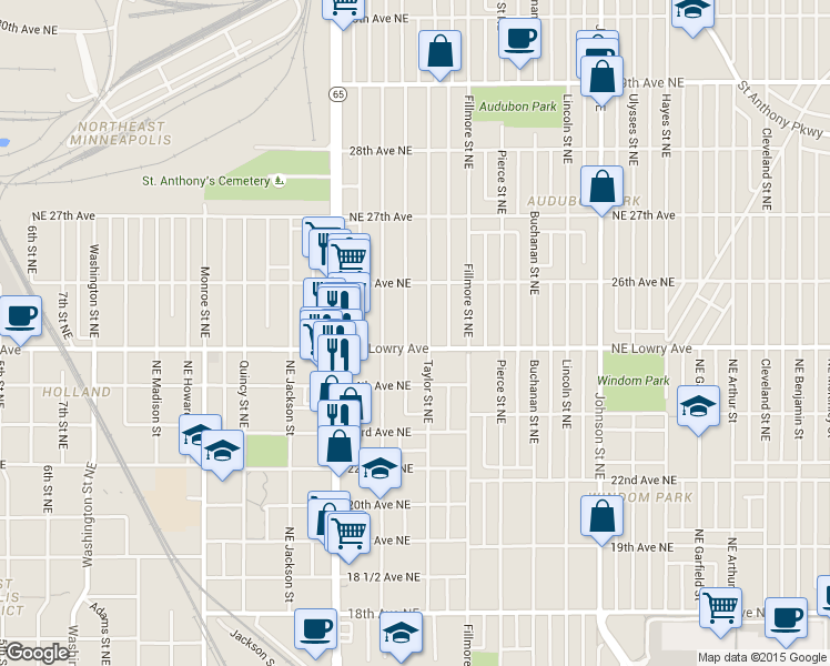 map of restaurants, bars, coffee shops, grocery stores, and more near 1019 Lowry Avenue Northeast in Minneapolis