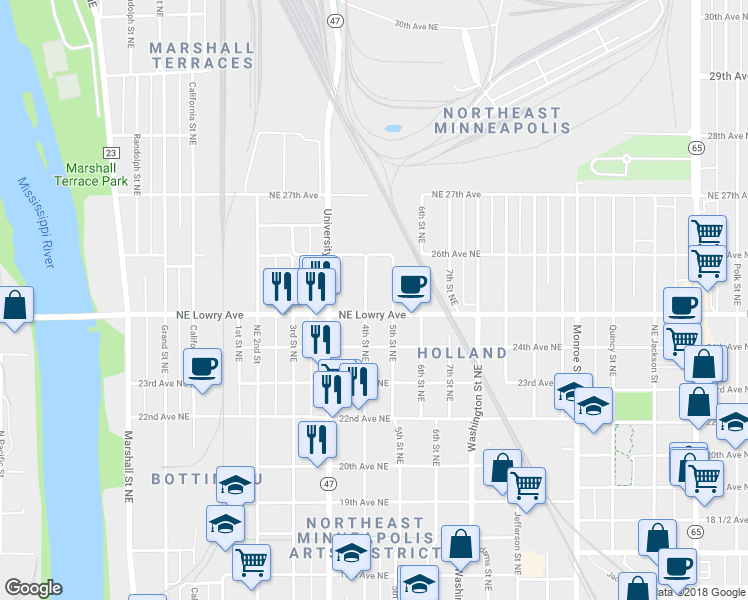 map of restaurants, bars, coffee shops, grocery stores, and more near 5th Street Northeast in Minneapolis