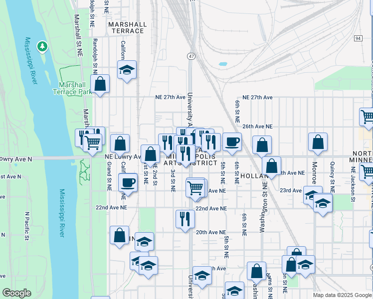 map of restaurants, bars, coffee shops, grocery stores, and more near 311 Northeast Lowry Avenue in Minneapolis
