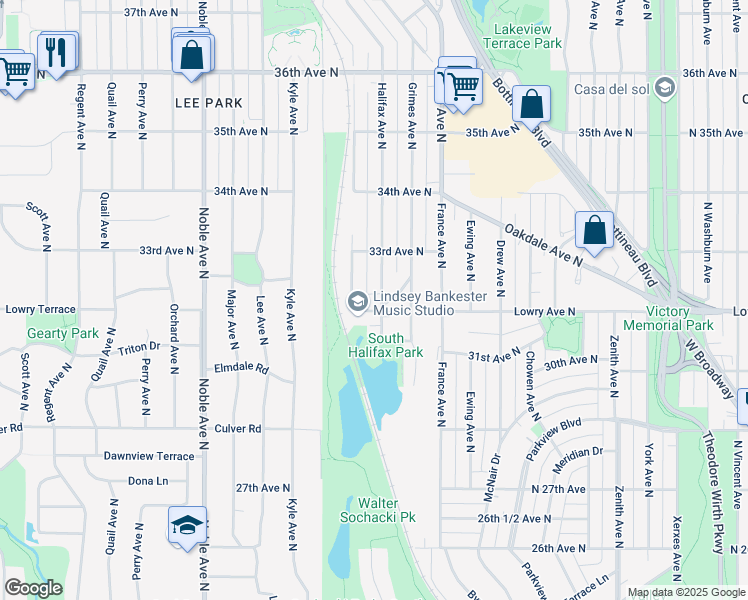 map of restaurants, bars, coffee shops, grocery stores, and more near 3201 Halifax Avenue North in Minneapolis