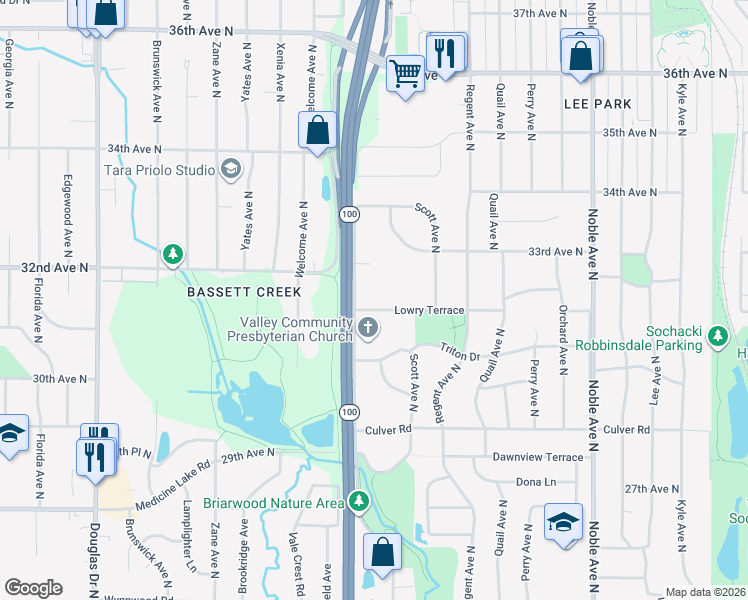 map of restaurants, bars, coffee shops, grocery stores, and more near 5348 Lowry Terrace in Golden Valley