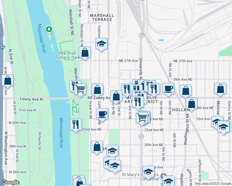 map of restaurants, bars, coffee shops, grocery stores, and more near 2500 Northeast 2nd Street in Minneapolis