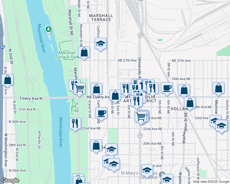 map of restaurants, bars, coffee shops, grocery stores, and more near 2500 Northeast 2nd Street in Minneapolis