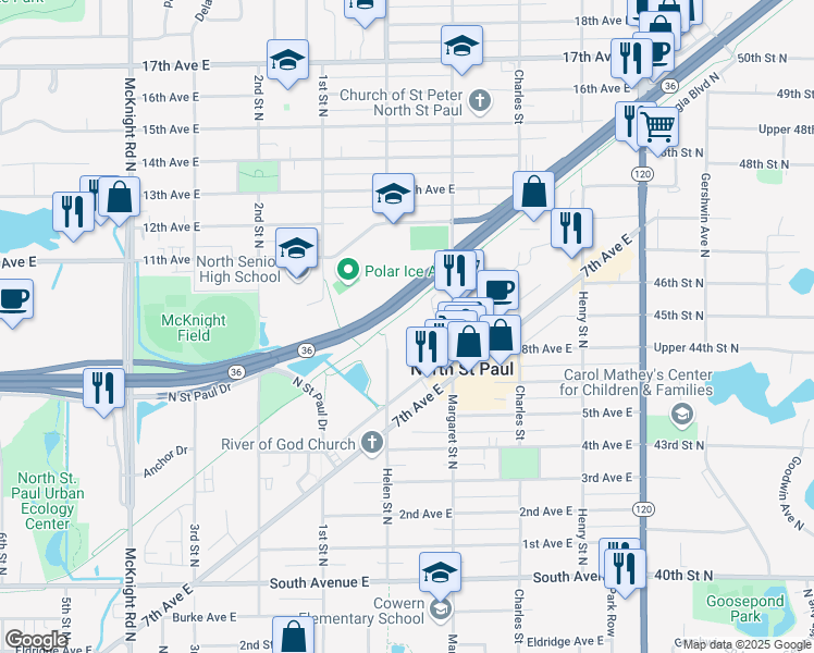 map of restaurants, bars, coffee shops, grocery stores, and more near 2350 Helen Street North in North Saint Paul
