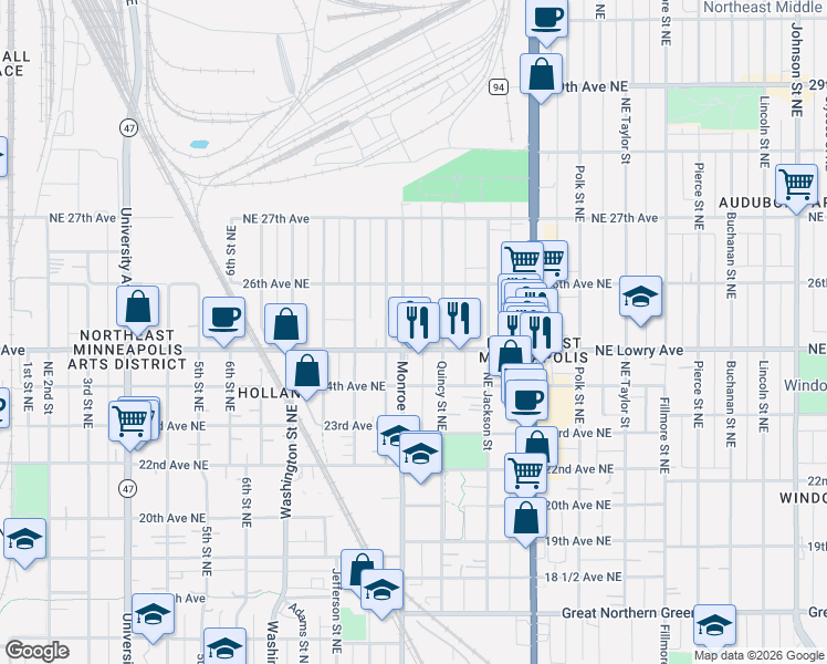 map of restaurants, bars, coffee shops, grocery stores, and more near 2511 Monroe Street Northeast in Minneapolis