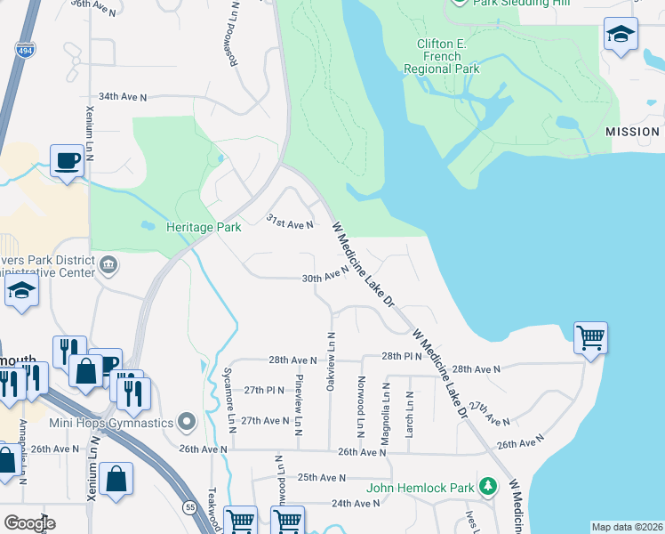 map of restaurants, bars, coffee shops, grocery stores, and more near 12540 30th Avenue North in Minneapolis