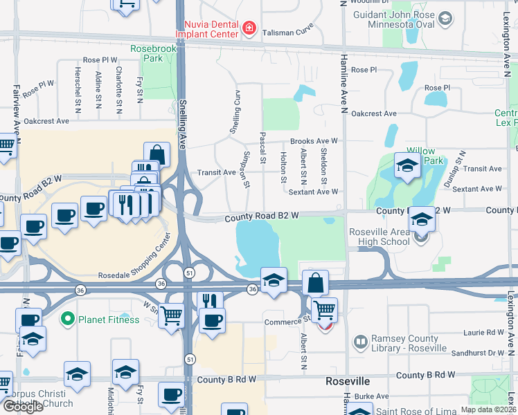 map of restaurants, bars, coffee shops, grocery stores, and more near in Roseville