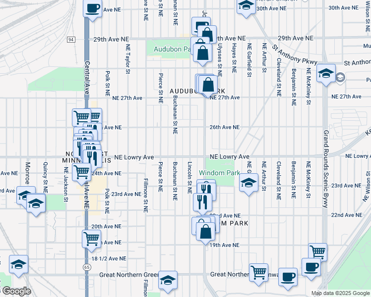 map of restaurants, bars, coffee shops, grocery stores, and more near 2502 Lincoln Street Northeast in Minneapolis