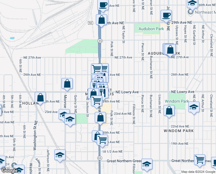 map of restaurants, bars, coffee shops, grocery stores, and more near 951 Northeast Lowry Avenue in Minneapolis
