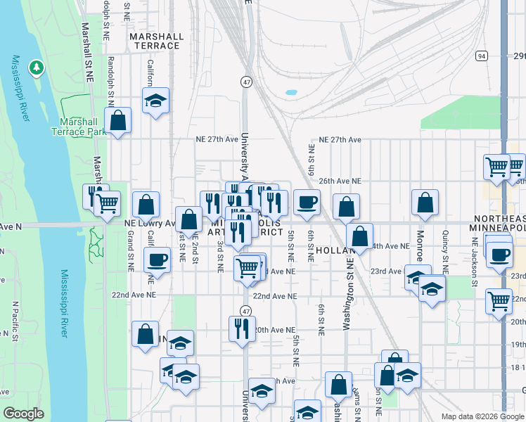 map of restaurants, bars, coffee shops, grocery stores, and more near in Minneapolis