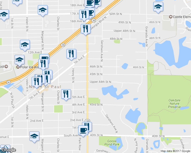 map of restaurants, bars, coffee shops, grocery stores, and more near 6067 45th Street North in Saint Paul