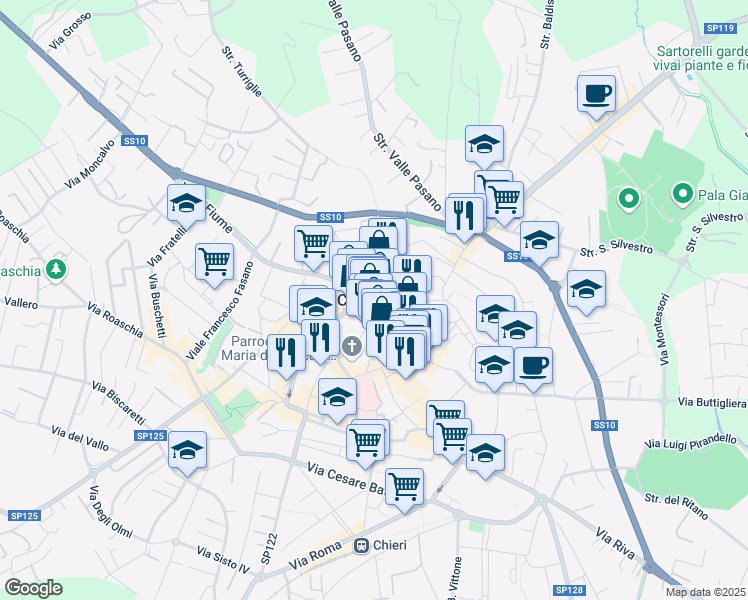map of restaurants, bars, coffee shops, grocery stores, and more near 4/B Vicolo Fantini in Chieri
