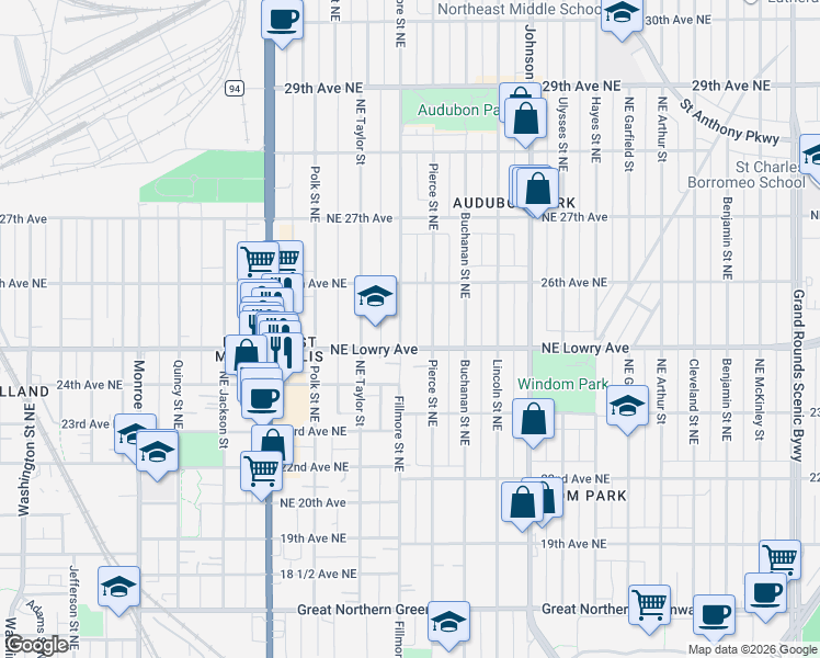 map of restaurants, bars, coffee shops, grocery stores, and more near 1213 Northeast Lowry Avenue in Minneapolis