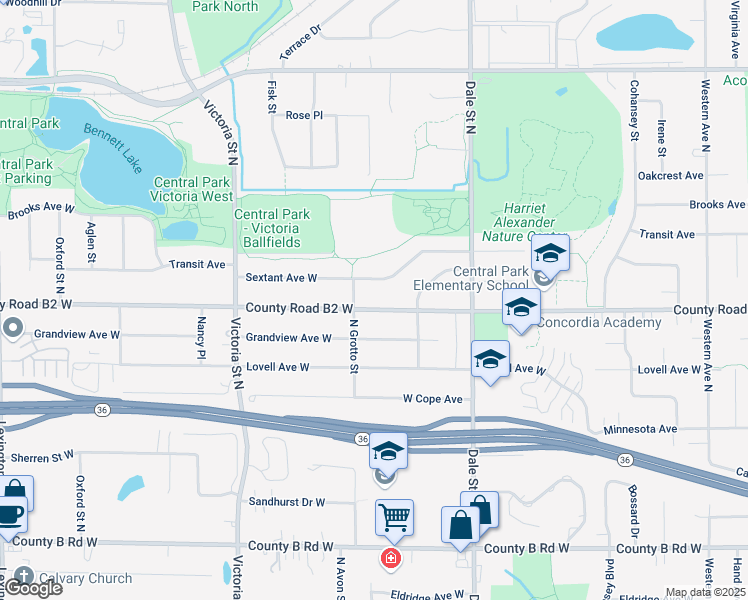 map of restaurants, bars, coffee shops, grocery stores, and more near 721 County Road B2 West in Roseville