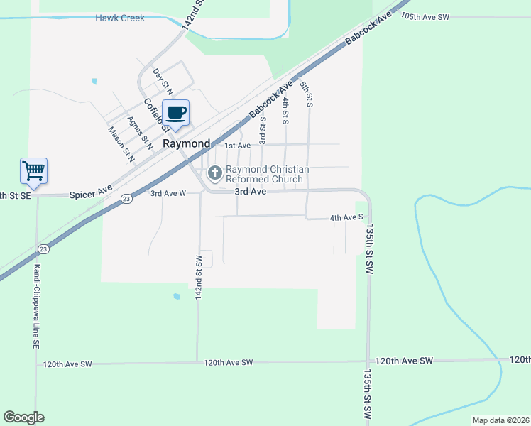 map of restaurants, bars, coffee shops, grocery stores, and more near 406 4th Avenue South in Raymond
