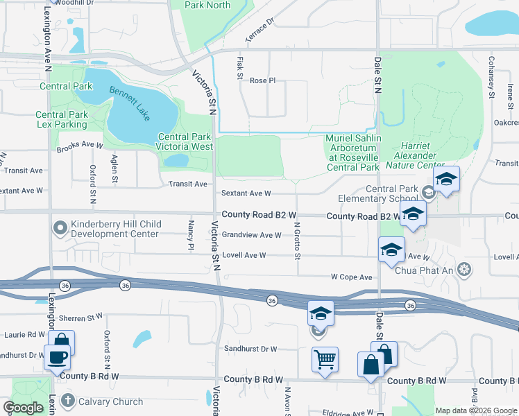 map of restaurants, bars, coffee shops, grocery stores, and more near 787 County Road B2 West in Roseville