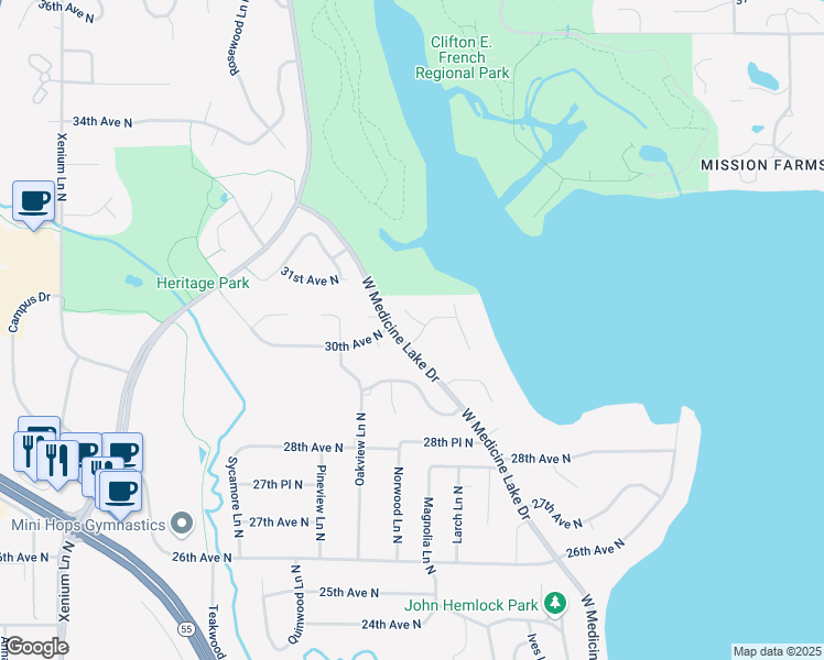 map of restaurants, bars, coffee shops, grocery stores, and more near 12325 30th Avenue North in Minneapolis