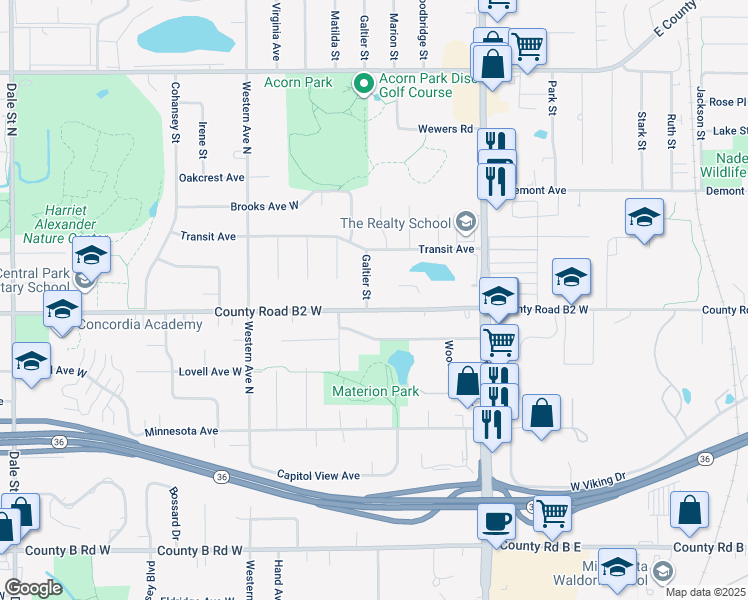 map of restaurants, bars, coffee shops, grocery stores, and more near 2410 Galtier Street in Roseville