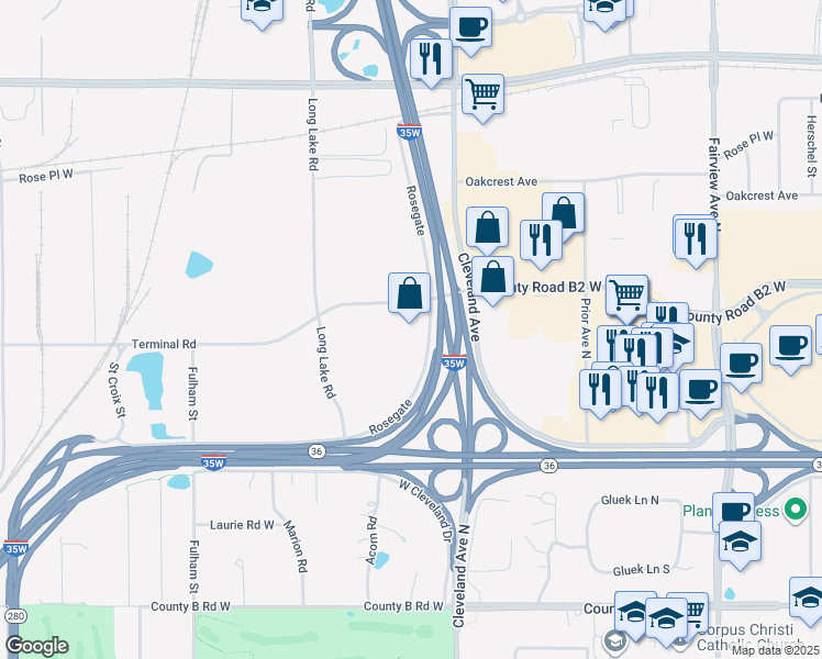 map of restaurants, bars, coffee shops, grocery stores, and more near 2421 Rosegate in Roseville