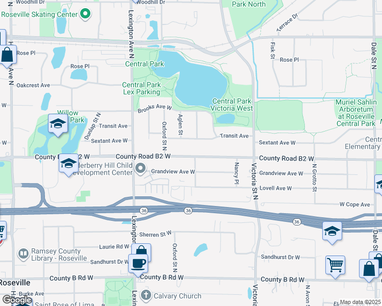 map of restaurants, bars, coffee shops, grocery stores, and more near 970 County Road B2 West in Roseville