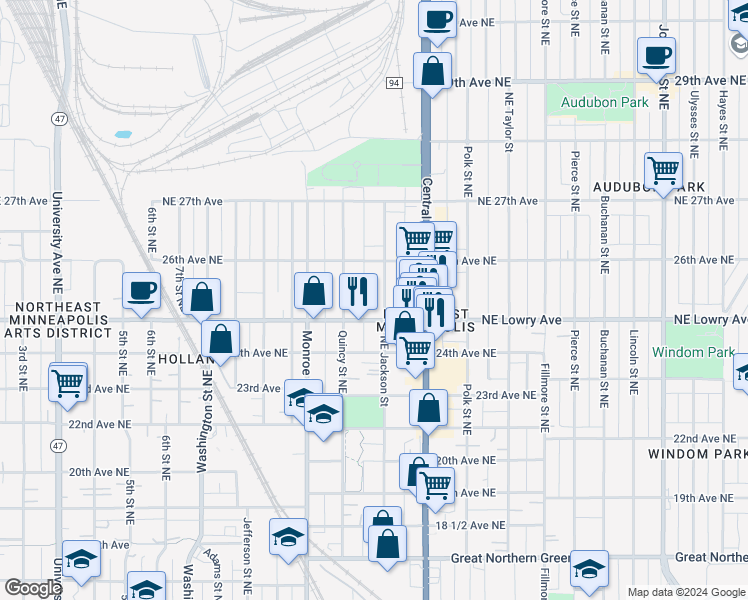map of restaurants, bars, coffee shops, grocery stores, and more near 901 Northeast Lowry Avenue in Minneapolis