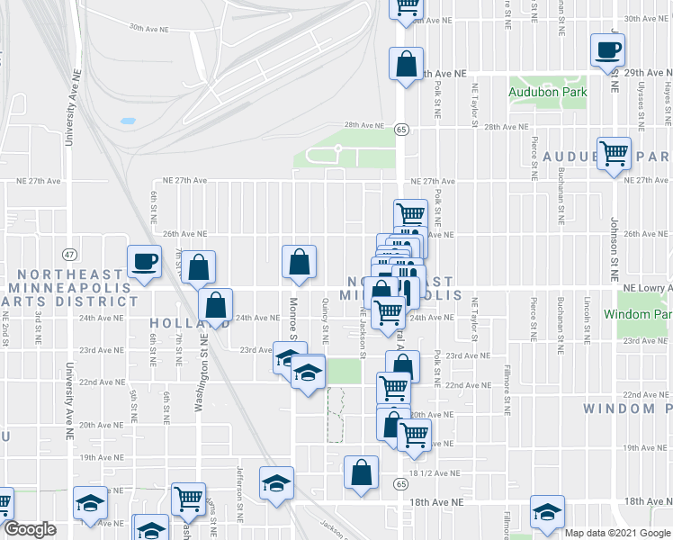 map of restaurants, bars, coffee shops, grocery stores, and more near 805 Northeast Lowry Avenue in Minneapolis